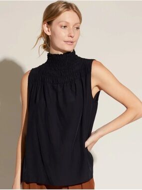 Frame Smocked High-Neck Sleeveless Blouse - Black